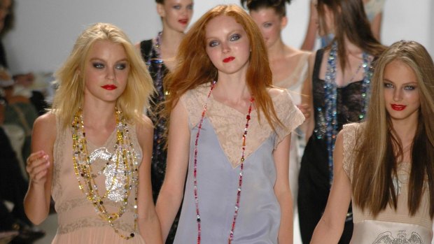 At the height of her career Ruslana Korshunova (far right) walked the catwalk alongside other big name models including Jessica Stam and Lily Cole at London Fashion Week in 2006.