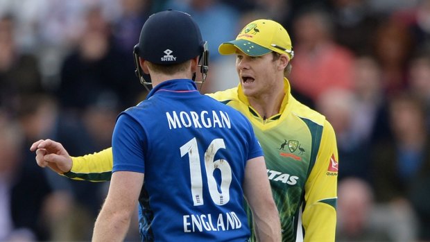 Flashpoint: Eoin Morgan argues with Steven Smith after Ben Stokes was given out.