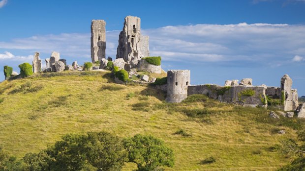 Ruins of Corfe Castle near Wareham, Isle of Purbeck, Dorset, England.