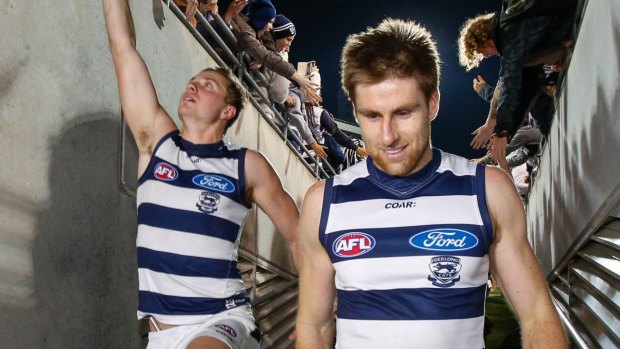 Geelong's Tom Lonergan and Mitch Duncan (left).