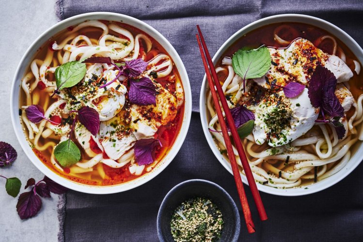 Chicken and miso soup with chilli poached eggs.