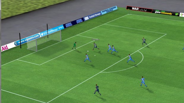 Melbourne Victory's virtual striker Archie Thompson scores a goal in <i>Football Manager</i>.