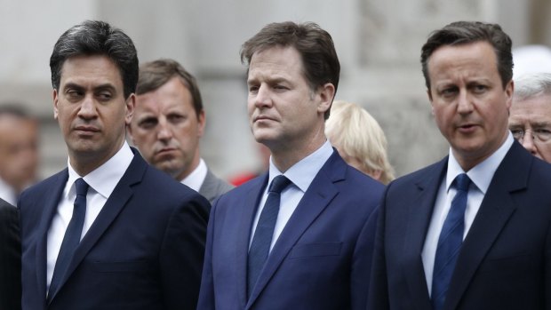 David Cameron, outgoing Labour leader Ed Miliband (left) and outgoing Liberal Democratic Party leader Nick Clegg (centre) take part in the VE Day service in London on the day after the election.