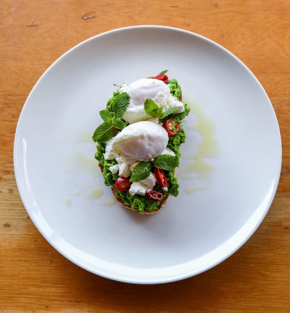 Smashed peas and poached eggs.