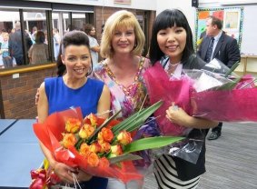 Pam Parker (centre) with with pop stars Dannii Minogue and Dami Im.
