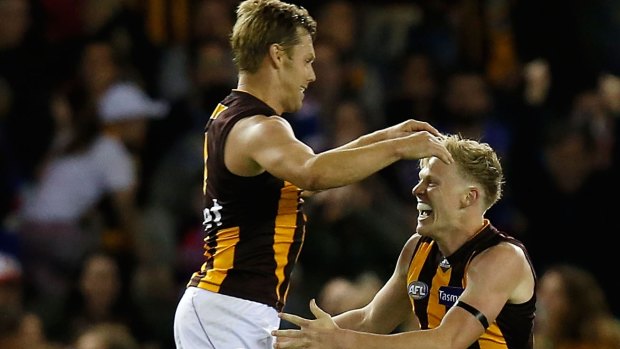 Sam Mitchell and James Sicily celebrate on the siren.