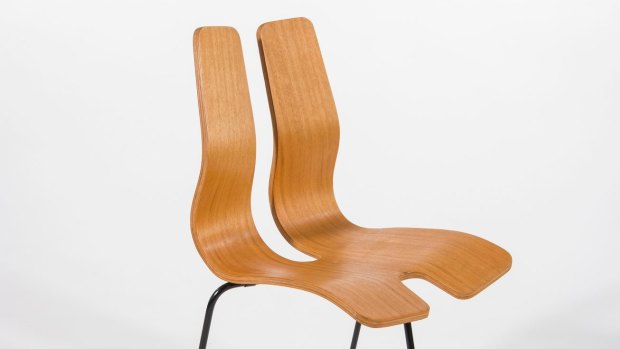 The three-legged plywood chair, 1955, plays on tension and suspense.