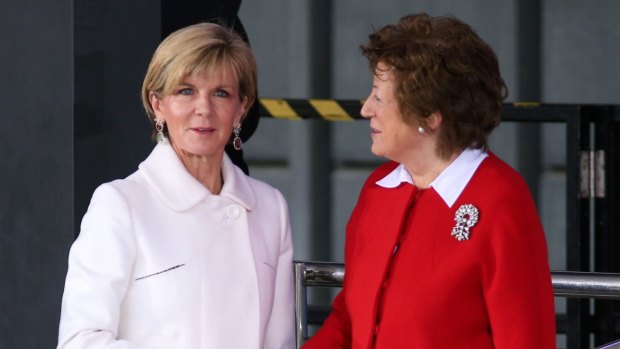 Australian Minister for Foreign Affairs Julie Bishop (left) arrives at the Supporting Syria Conference. Australia has promised an extra $20 million for life-saving humanitarian assistance in Syria, and $5 million to Iraq.