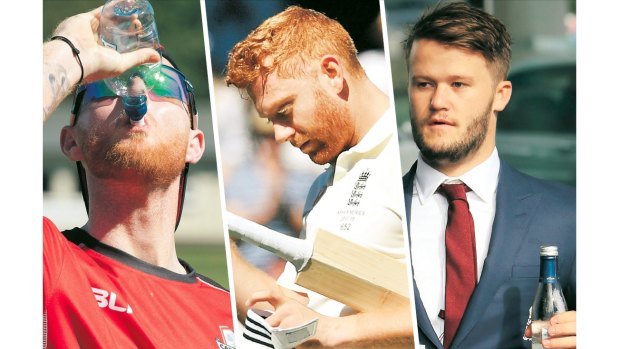 Last drinks: Time to stick to the water and
cricket for England's Ben Stokes, Jonny Bairstow and Ben Duckett.