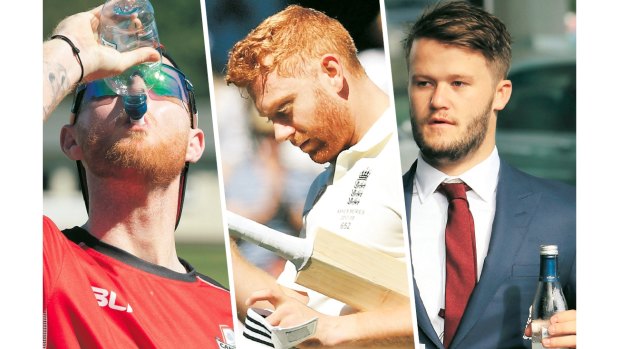 Last drinks: Time to stick to the water and
cricket for England's Ben Stokes, Jonny Bairstow and Ben Duckett.