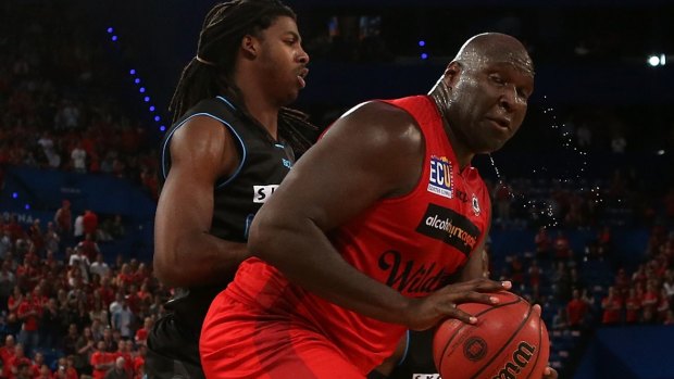 Big return: Former NBA centre Nate Jawai, back in the NBL with the Perth Wildcats, looks to work to the basket against Charles Jackson of the NZ Breakers during the round two clash at Perth Arena.