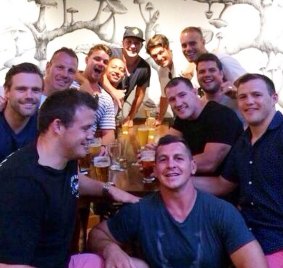 Pre-wedding drinks: Greg Bird with several NRL stars, including Paul Gallen, Josh and Brett Morris and Luke Lewis.