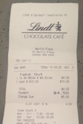 Michael's receipt from Lindt cafe