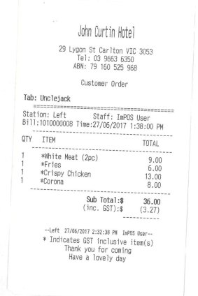 The bill, please: Receipt for lunch at the John Curtin.