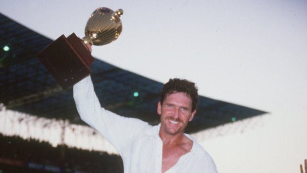 Captain of Shane Warne's best Australian ODI XI ... Allan Border celebrates after winning the 1987 Cricket World Cup against England in Calcutta. 