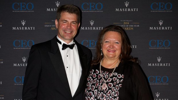 Top award: Gina Reinhardt arrives at the Hilton Hotel with Garry Korte, CFO of Roy Hill, for CEO Magazines' CEO of the year awards.