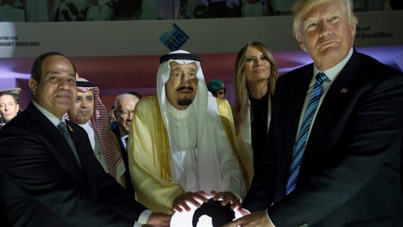 Egyptian President Abdel Fattah al-Sissi, Saudi King Salman, US First Lady Melania Trump and President Donald Trump visit a new Global Centre for Combating Extremist Ideology in Riyadh, Saudi Arabia. 