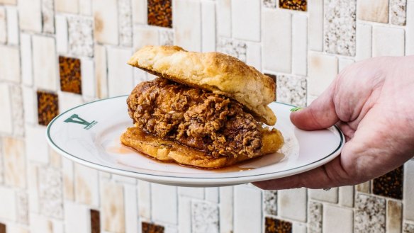 Fried chicken biscuit with hot honey at Valentinas.