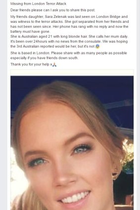 A post, which has since been deleted, calling for help to find Ms Zelenak.