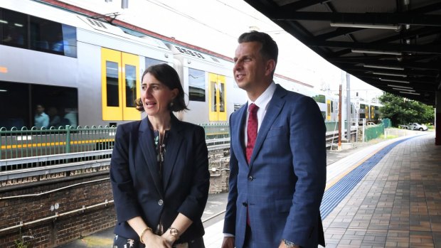 Premier Gladys Berejiklian and Transport Minister Andrew Constance at Central Station on Wednesday.