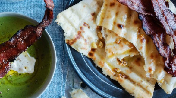 Garlic flatbread with pea and bacon soup.