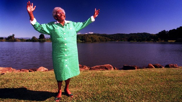 Larger than life: Aboriginal human rights activist Faith Bandler on the banks of the Tweed, near the town of Tumbulgum where she grew up.  