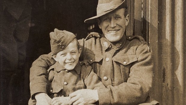 Ted Tovell, of Australian Flying Corps 4 Squadron,  (right) with French World War I  orphan Henri Hemene, or Digger, who Ted helped brother Tim Tovell smuggle back to Australia. Pictured at Hurdcott camp in England, in 1919.