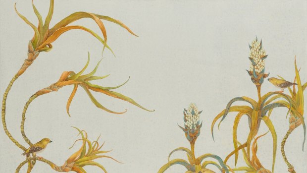 Nicola Dickson's <i>Forty-spotted Pardalote and Richea dracophylla</I>, part of the  <i>Voyagers' Tales: Labillardiere</I> exhibition.