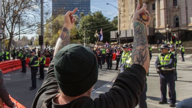17.09.17 The Age Melbourne Booking 144512 Photo shows protesters at an anti Fascists rally in the city. The group is protesting against the far rights "Make Victoria Safe Again' rally. Photo: Scott McNaughton