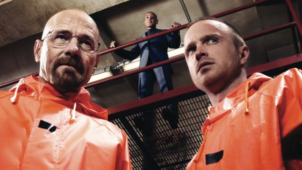 Walter White (Brian Cranston) and Jesse Pinkman (Aaron Paul) in a scene from <i>Breaking Bad</i>
