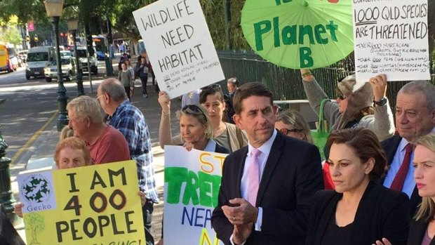 Jackie Trad, Deputy Premier of Queensland, right, and Cameron Dick, Queensland Minister for Health at a protest this week of about 150 people who support reforming tree clearing laws.