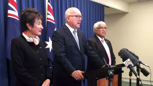 Commissioner Margaret White, Attorney-General George Brandis, and Commissioner Mick Gooda.