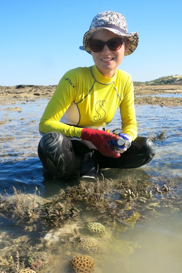 Verena Schoepf with Kimberley corals exposed at low tide.