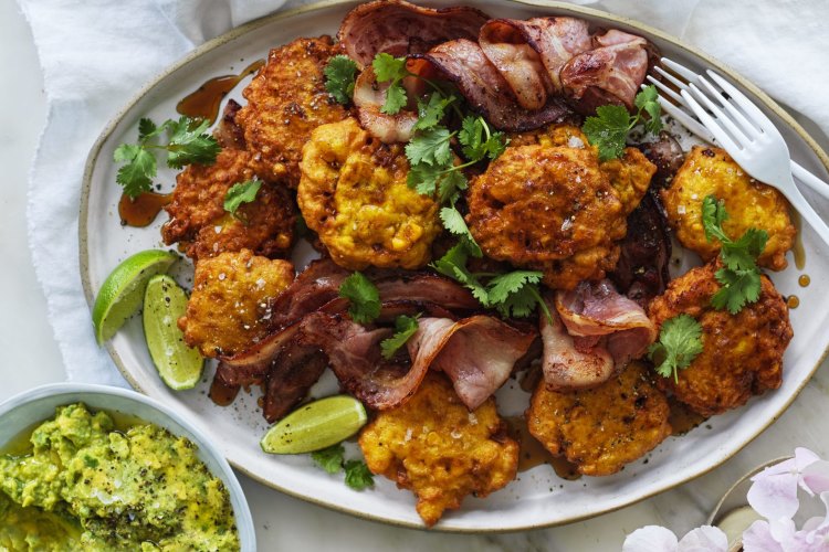 Neil Perry's sweetcorn cakes with bacon, avocado and maple syrup.