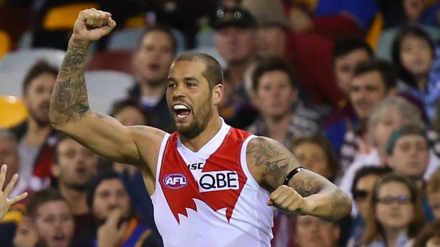 Lance Franklin celebrates a goal against the Brisbane Lions at the Gabba on Sunday.