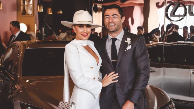 Terry Biviano and Anthony Minichiello in the Lexus Design Pavilion at Derby Day at Flemington.