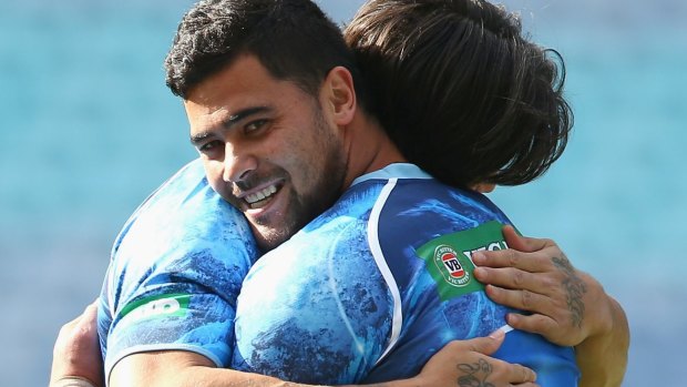 Playing it tight:  Andrew Fifita and James Tamou at training.