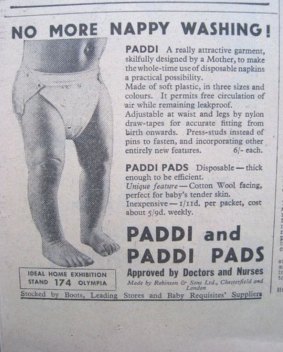 An advertisement for the disposable nappy invented by Valerie Hunter Gordon.