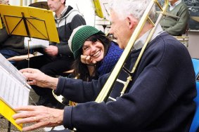 In tune: Trombone player Mel Willard shares a laugh with Jim Foley from the Thompson's Foundry Band.