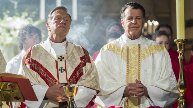 Jack Thompson as Cardinal Neville and John Noble as Bishop McNally in <i>Devil's Playground</i>.