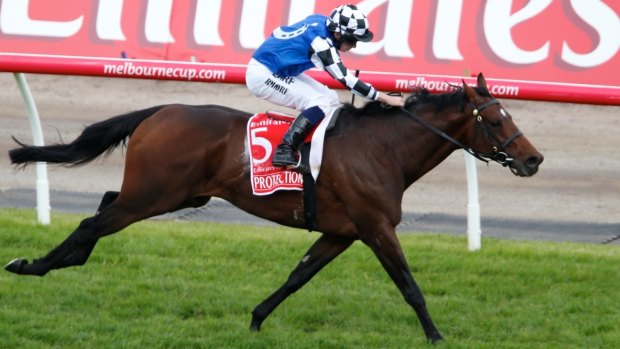 Protectionist and jockey Ryan Moore on their way to winning last year's Melbourne Cup. Moore will be aboard Snow Sky this year.