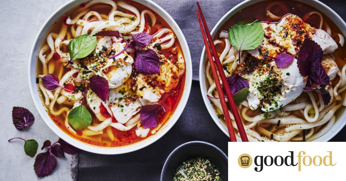 Chicken and miso soup with chilli poached eggs