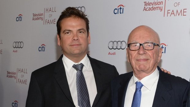 News Corp co-chairmen Lachlan Murdoch (left) and his father Rupert Murdoch (centre) with 21st Century Fox co-COO James Murdoch (right) in March 2014. 