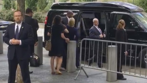 Hillary Clinton struggling into the waiting vehicle during the September 11 commemoration.