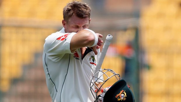 David Warner leaves the field after being dismissed during the fourth day of the second Test.
