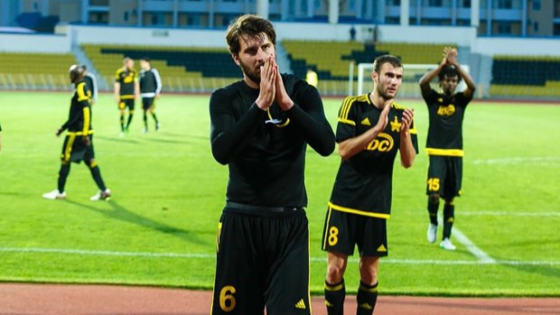 Long way from home: Antony Golec comes off the pitch with Sheriff Tiraspol, Transnistria.
