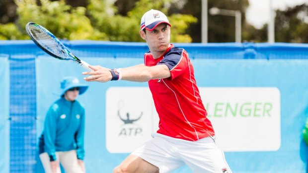 Matthew Ebden lines up a forehand in his win over Taro Daniel in the men's final at Lyneham on Sunday.