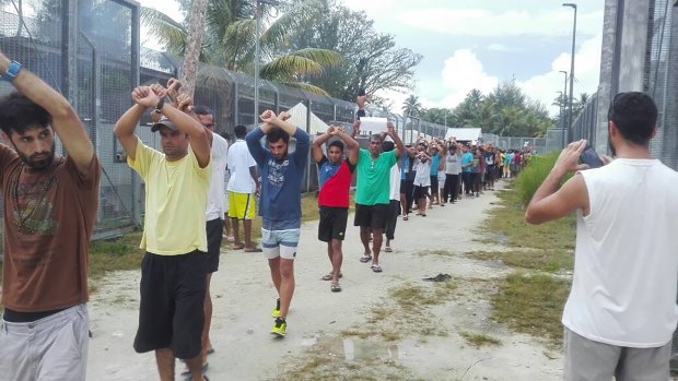 Protests inside the former Manus Island detention centre on November 11.