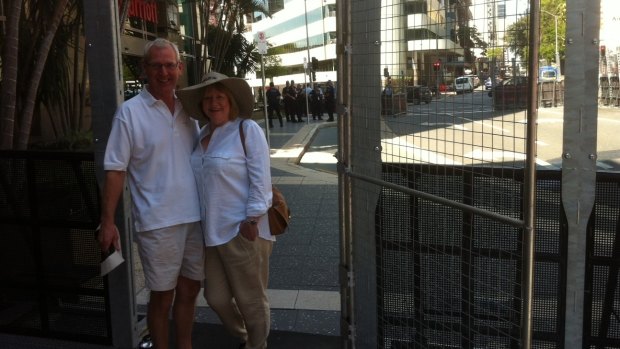Brisbane visitors Karen and George Goodman outside the Marriott Hotel.