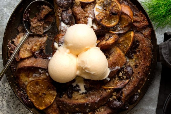 Burnt orange and chocolate bread and butter pudding (with fennel ice-cream).